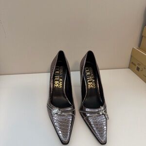 Versace Jeans Collection Metallic Croc-Embossed Pointed Heels